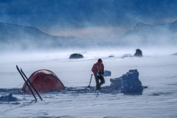 Winter camping in hard wind, Sarek